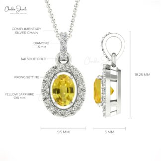 Yellow Sapphire 7×5 mm Oval Halo Diamond 14k Solid Gold Pendant