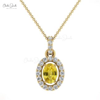 Yellow Sapphire 7×5 mm Oval Halo Diamond 14k Solid Gold Pendant