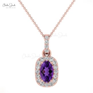 Dangle Oval Pendant In 14k Solid Gold Amethyst And Pave Diamond Halo Necklace
