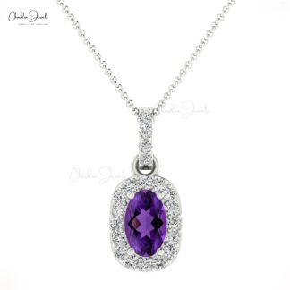 Dangle Oval Pendant In 14k Solid Gold Amethyst And Pave Diamond Halo Necklace