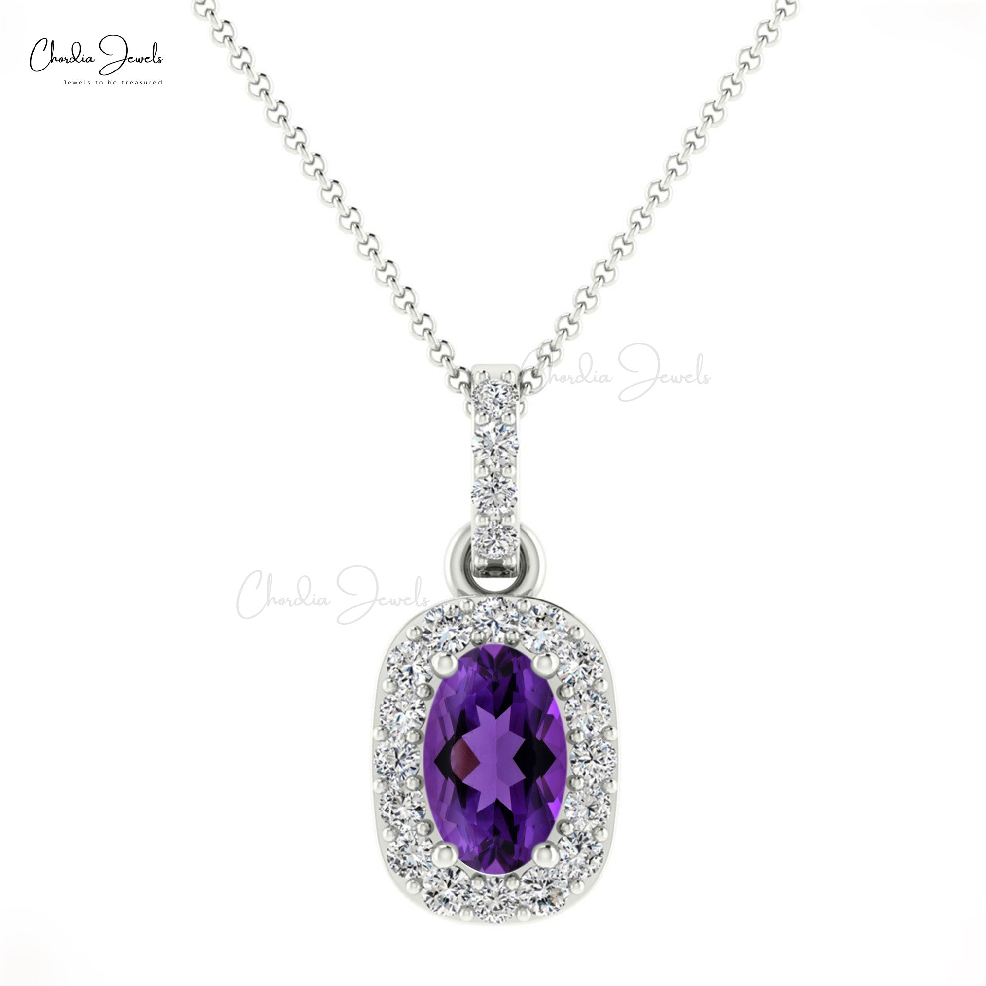 Dangle Oval Pendant In 14k Solid Gold Amethyst And Pave Diamond Halo Necklace