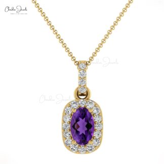 Dangle Oval Pendant In 14k Solid Gold Amethyst And Pave Diamond Halo Necklace