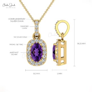 Dangle Oval Pendant In 14k Solid Gold Amethyst And Pave Diamond Halo Necklace