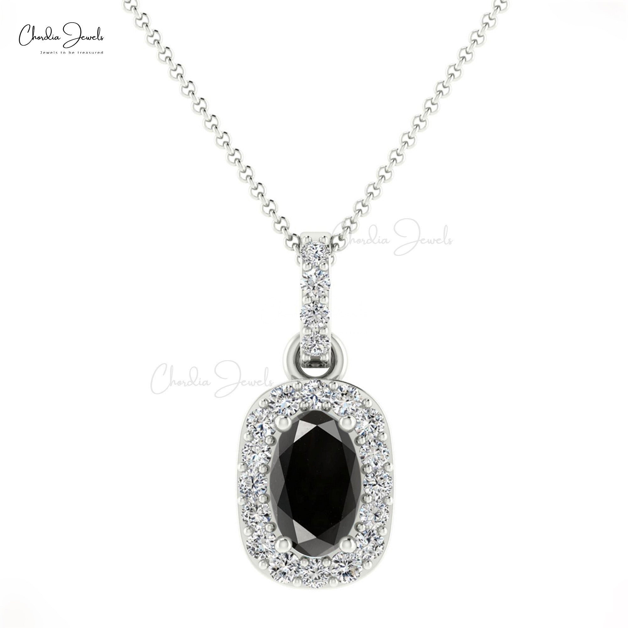 Dainty Diamond Halo Charm in 14k Real Gold Black Diamond 7x5mm Oval Cut Pendant