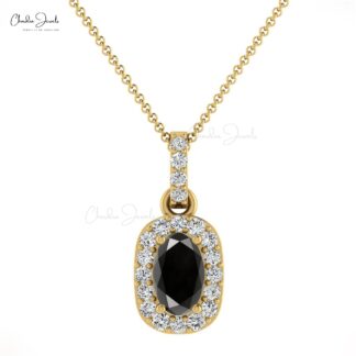 Dainty Diamond Halo Charm in 14k Real Gold Black Diamond 7x5mm Oval Cut Pendant