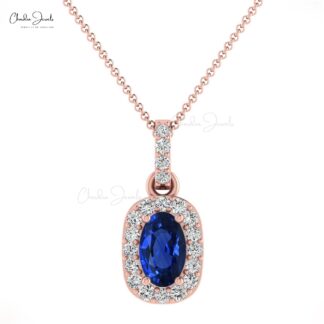 Dual Birthstone Pendant With 7x5mm Blue Sapphire & Halo Diamond 14k Solid Gold Necklace