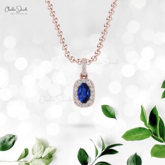 Dual Birthstone Pendant With 7x5mm Blue Sapphire & Halo Diamond 14k Solid Gold Necklace