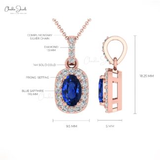 Dual Birthstone Pendant With 7x5mm Blue Sapphire & Halo Diamond 14k Solid Gold Necklace
