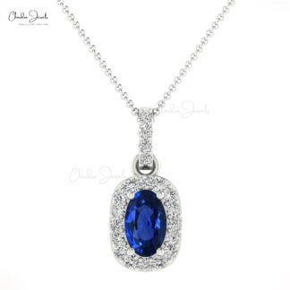 Dual Birthstone Pendant With 7x5mm Blue Sapphire & Halo Diamond 14k Solid Gold Necklace