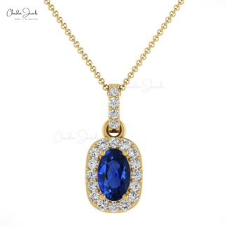 Dual Birthstone Pendant With 7x5mm Blue Sapphire & Halo Diamond 14k Solid Gold Necklace