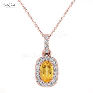 Solid 14k Gold Dangle Pendant In 0.75 Ct Citrine And Diamond Halo Women Necklace