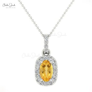 Solid 14k Gold Dangle Pendant In 0.75 Ct Citrine And Diamond Halo Women Necklace