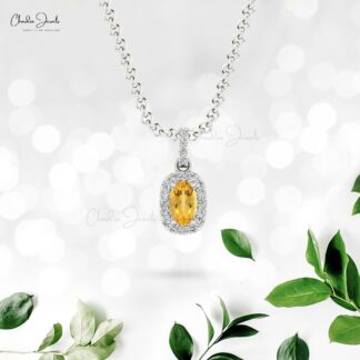 Solid 14k Gold Dangle Pendant In 0.75 Ct Citrine And Diamond Halo Women Necklace