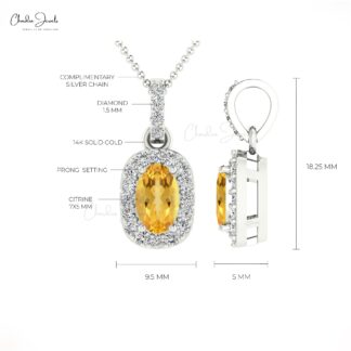 Solid 14k Gold Dangle Pendant In 0.75 Ct Citrine And Diamond Halo Women Necklace