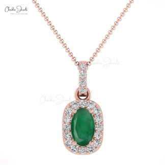 Dual Birthstone Pendant in 14k Solid Gold Emerald And Diamond Halo Women Pendants