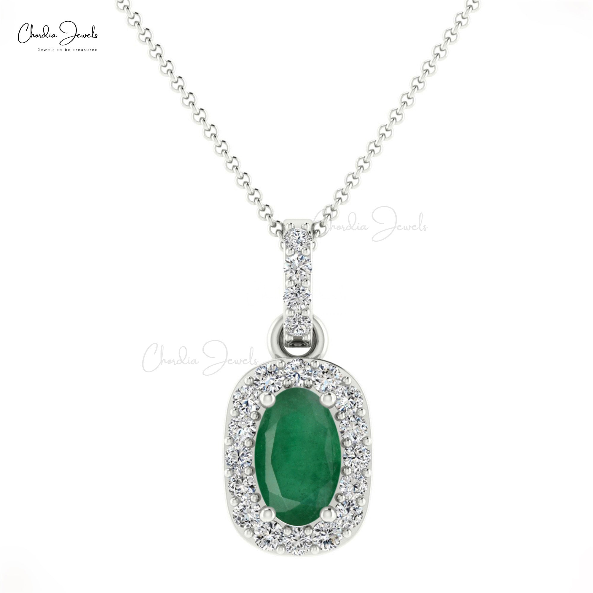 Dual Birthstone Pendant in 14k Solid Gold Emerald And Diamond Halo Women Pendants