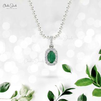 Dual Birthstone Pendant in 14k Solid Gold Emerald And Diamond Halo Women Pendants