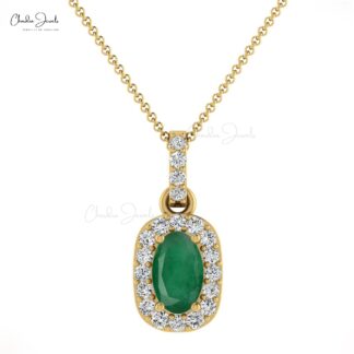Dual Birthstone Pendant in 14k Solid Gold Emerald And Diamond Halo Women Pendants