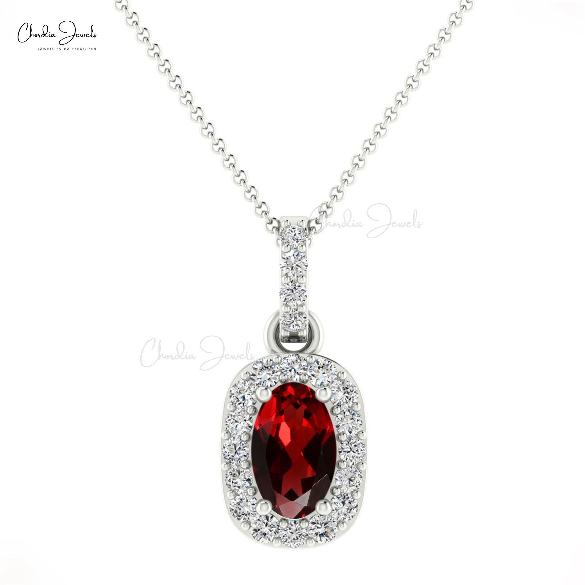 Prong set natural oval cut garnet diamond halo oval pendant