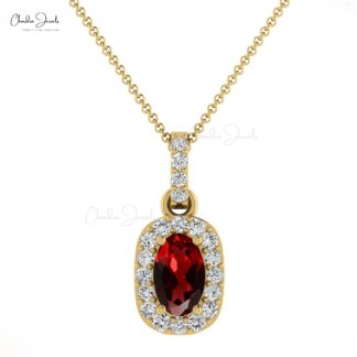 Prong set natural oval cut garnet diamond halo oval pendant