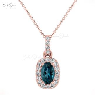 Genuine London Blue Topaz Halo 14k Gold Pendant With 7x5mm Gemstone And Diamond Jewelry