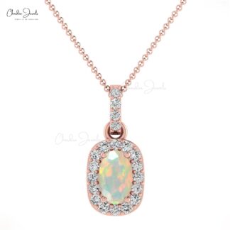 7X5 MM Elegant Fire Opal & Diamond Halo Pendant For Girls
