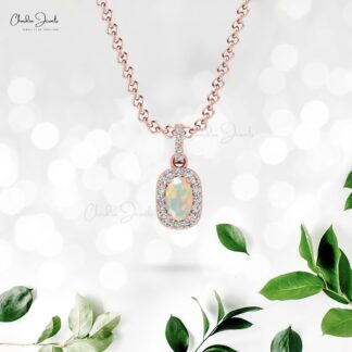 7X5 MM Elegant Fire Opal & Diamond Halo Pendant For Girls