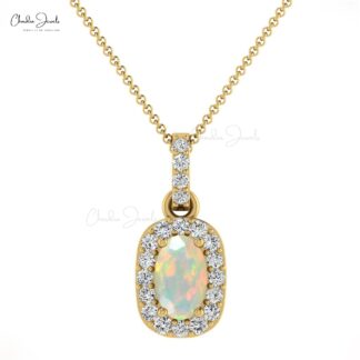 7X5 MM Elegant Fire Opal & Diamond Halo Pendant For Girls