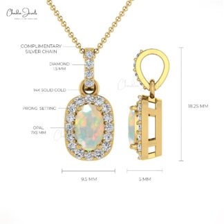 7X5 MM Elegant Fire Opal & Diamond Halo Pendant For Girls