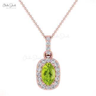 Real 14k Gold Halo Charm in 0.75 Oval Peridot And Diamond Minimalist Pendant