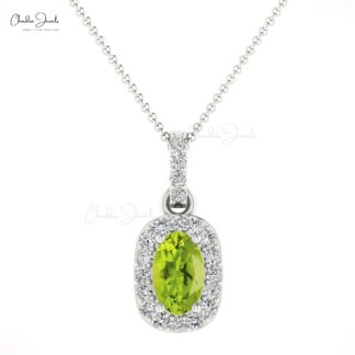 Real 14k Gold Halo Charm in 0.75 Oval Peridot And Diamond Minimalist Pendant