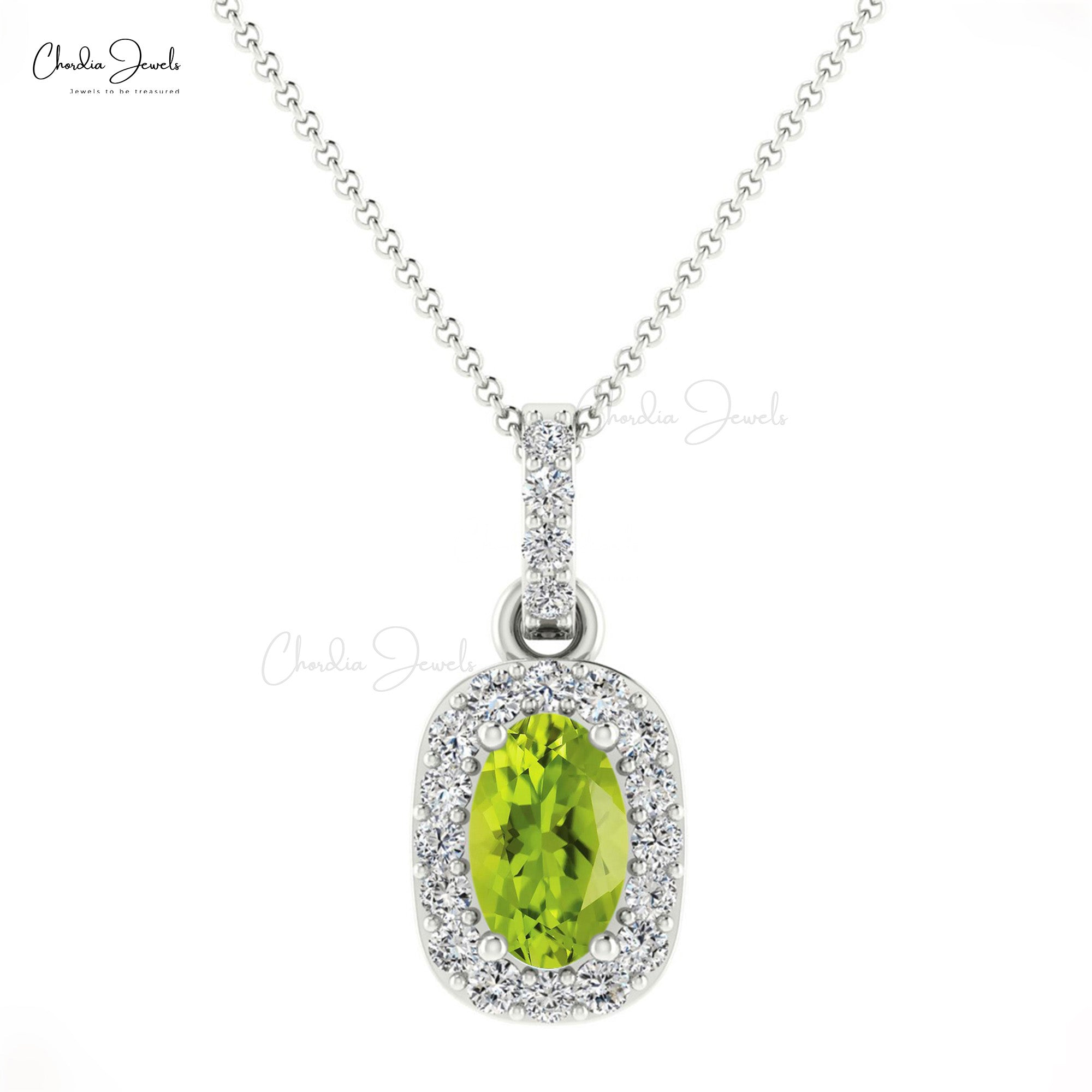 Real 14k Gold Halo Charm in 0.75 Oval Peridot And Diamond Minimalist Pendant