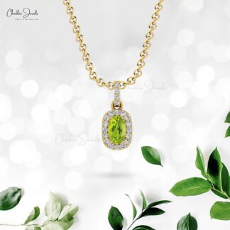 Real 14k Gold Halo Charm in 0.75 Oval Peridot And Diamond Minimalist Pendant
