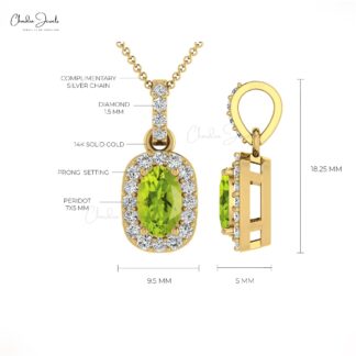 Real 14k Gold Halo Charm in 0.75 Oval Peridot And Diamond Minimalist Pendant