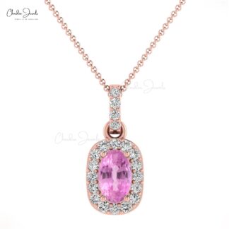 Pure 14k Gold Halo Pendant With 7x5mm Pink Sapphire Diamond Hallmarked Pendant