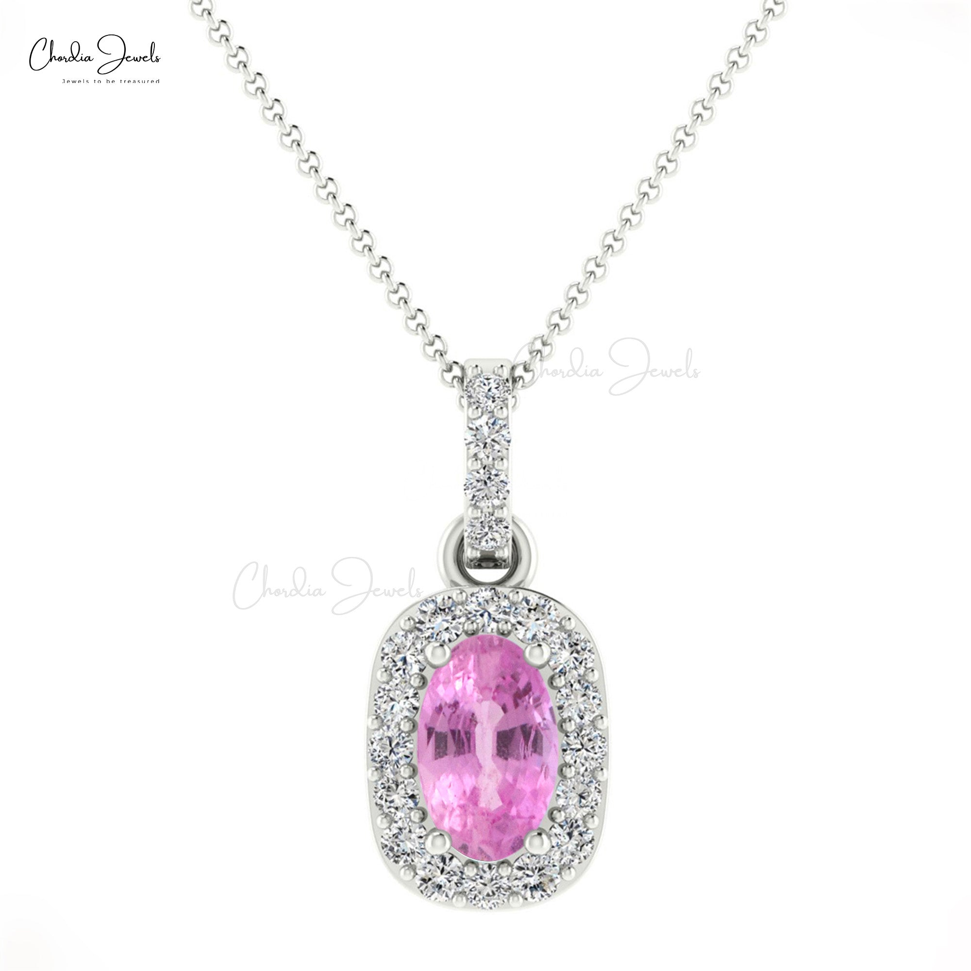 Pure 14k Gold Halo Pendant With 7x5mm Pink Sapphire Diamond Hallmarked Pendant