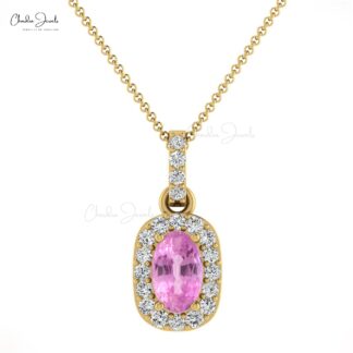 Pure 14k Gold Halo Pendant With 7x5mm Pink Sapphire Diamond Hallmarked Pendant