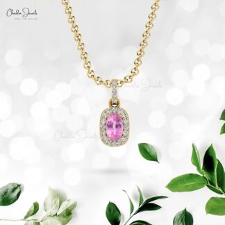 Pure 14k Gold Halo Pendant With 7x5mm Pink Sapphire Diamond Hallmarked Pendant