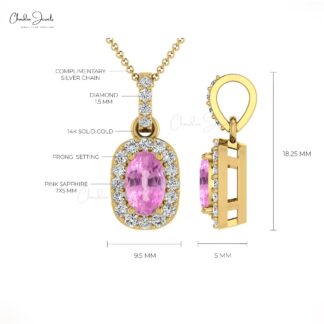 Pure 14k Gold Halo Pendant With 7x5mm Pink Sapphire Diamond Hallmarked Pendant