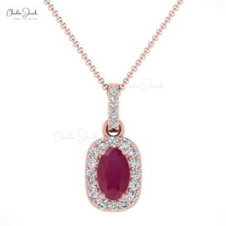 Natural 7×5 mm Sparkling Ruby & Real Diamond Halo Pendant Necklace