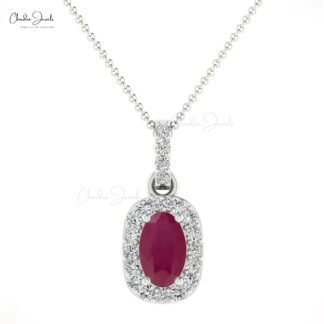 Natural 7x5 mm Sparkling Ruby & Real Diamond Halo Pendant Necklace