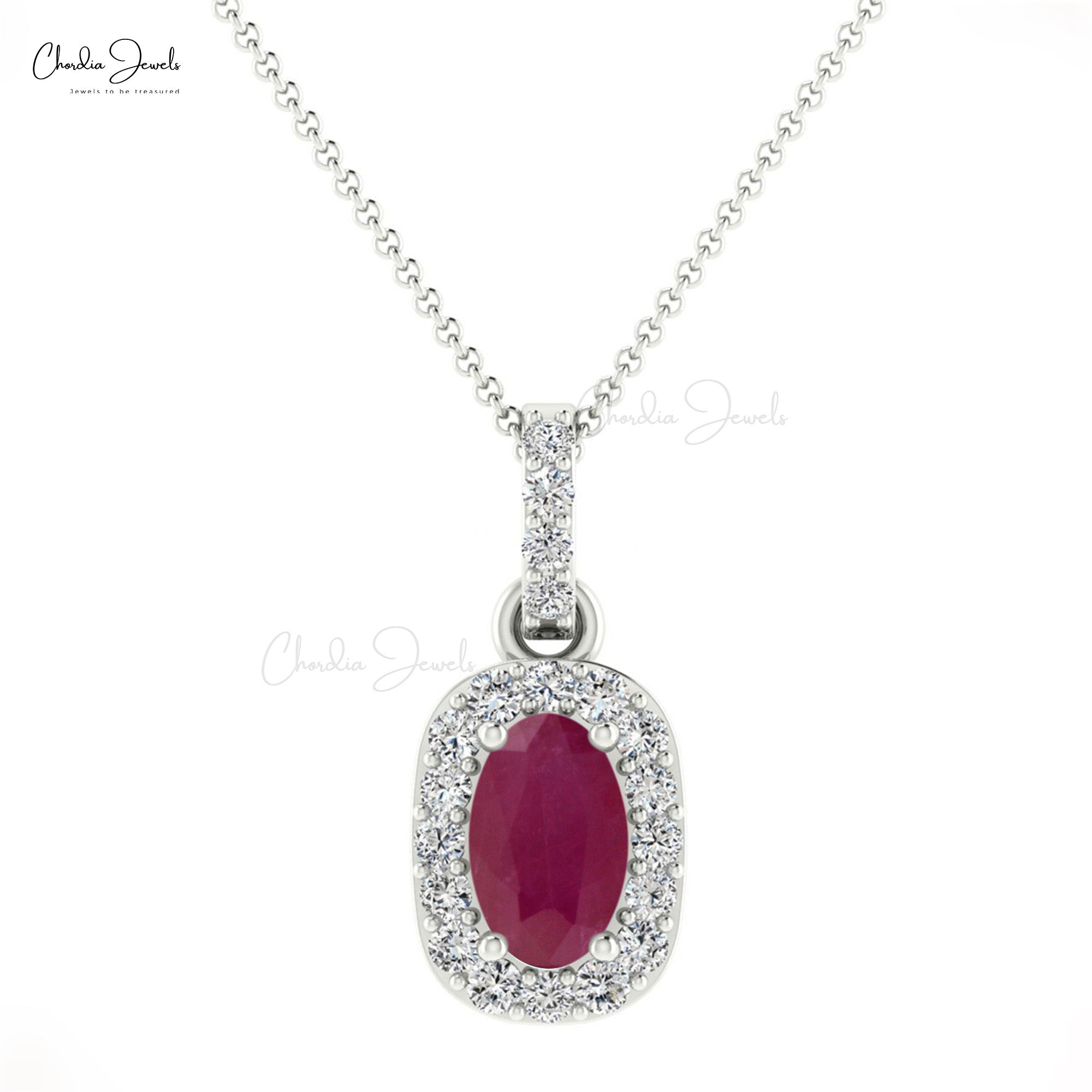 Natural 7×5 mm Sparkling Ruby & Real Diamond Halo Pendant Necklace