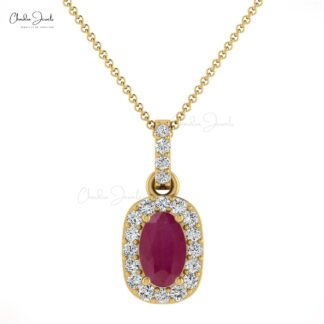 Natural 7×5 mm Sparkling Ruby & Real Diamond Halo Pendant Necklace