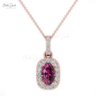 7×5 mm Solid Gold Rhodolite Garnet Diamond Halo Pendant Necklace