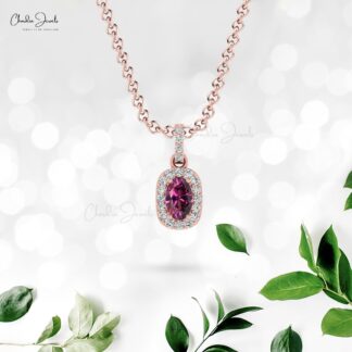 7×5 mm Solid Gold Rhodolite Garnet Diamond Halo Pendant Necklace