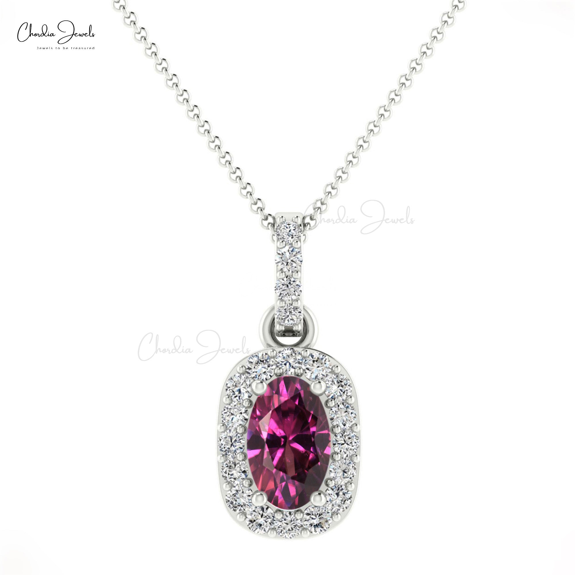 7×5 mm Solid Gold Rhodolite Garnet Diamond Halo Pendant Necklace