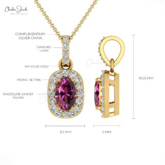 7×5 mm Solid Gold Rhodolite Garnet Diamond Halo Pendant Necklace