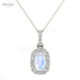 Dangle Gemstone Pendant in 14k Solid Gold Moonstone And Pave Diamond Halo Pendant