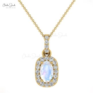 Dangle Gemstone Pendant in 14k Solid Gold Moonstone And Pave Diamond Halo Pendant