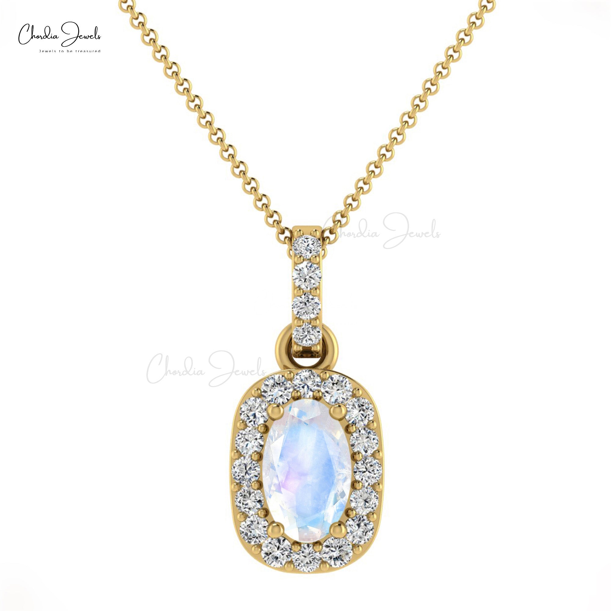 Dangle Gemstone Pendant in 14k Solid Gold Moonstone And Pave Diamond Halo Pendant